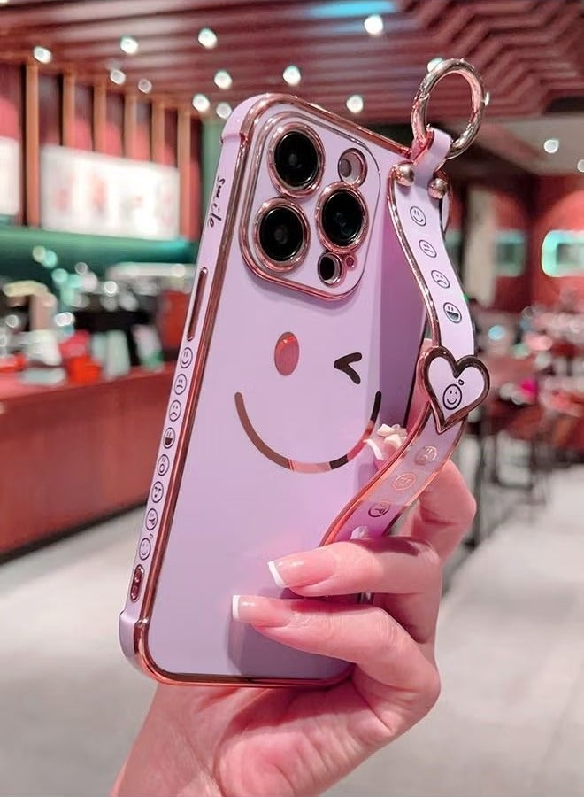 iPhone 14 Pro Max Case for Women,Bling Glitter Plating Smile Face Cover with Strap & Camera Lens Protection Soft TPU Shockproof Bumper Phone Case for iPhone 14 Pro Max (Purple) - Image 2