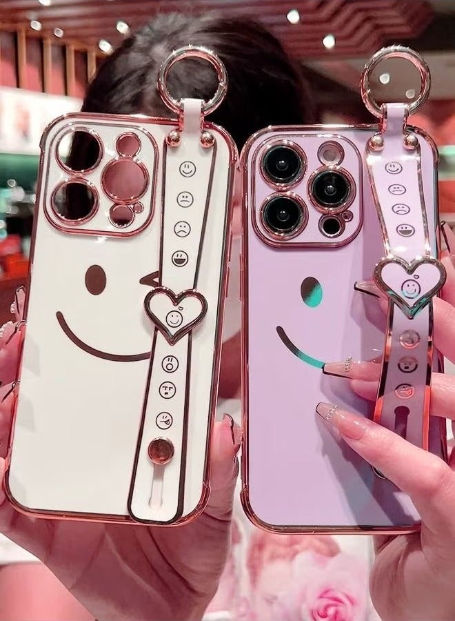 iPhone 14 Pro Max Case for Women,Bling Glitter Plating Smile Face Cover with Strap & Camera Lens Protection Soft TPU Shockproof Bumper Phone Case for iPhone 14 Pro Max (Purple) - Image 3