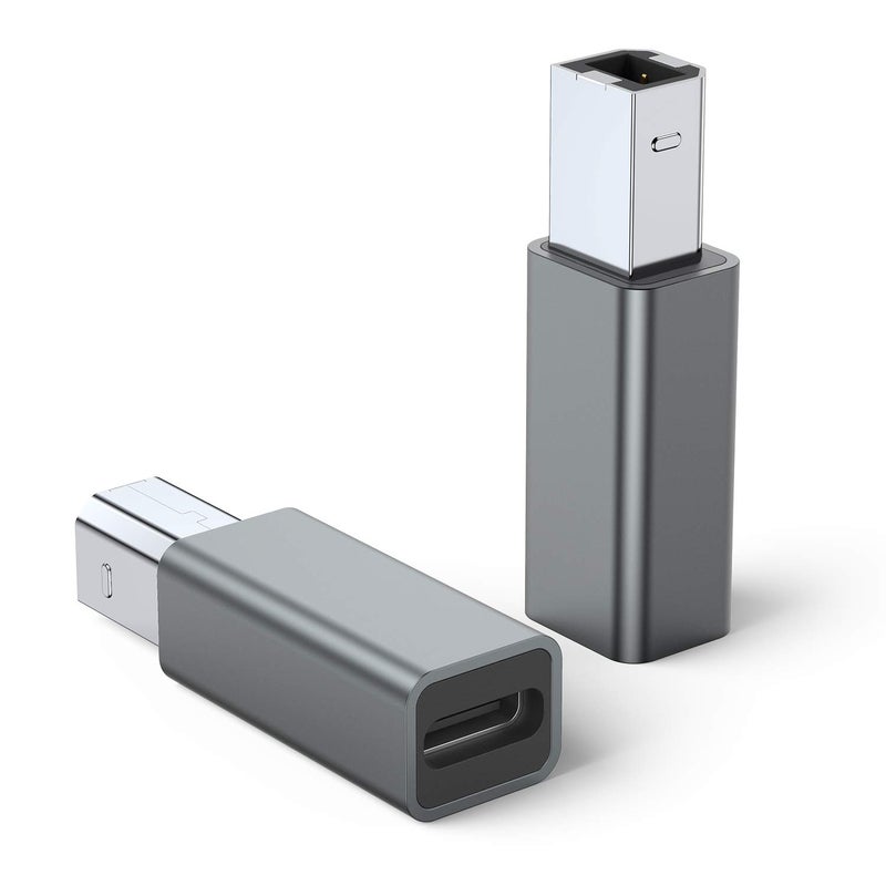 QianLink USB C Female to Printer Male Adapter (2-Pack), USB Type C to USB B Convert Connector Support Data Sync Compatible with Brother HP Canon Lexmark Epson Dell Xerox Samsung etc and Piano DAC (Grey) - Image 1