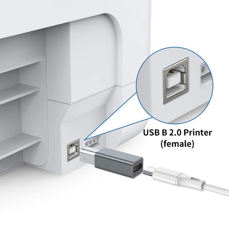 QianLink USB C Female to Printer Male Adapter (2-Pack), USB Type C to USB B Convert Connector Support Data Sync Compatible with Brother HP Canon Lexmark Epson Dell Xerox Samsung etc and Piano DAC (Grey) - Image 4