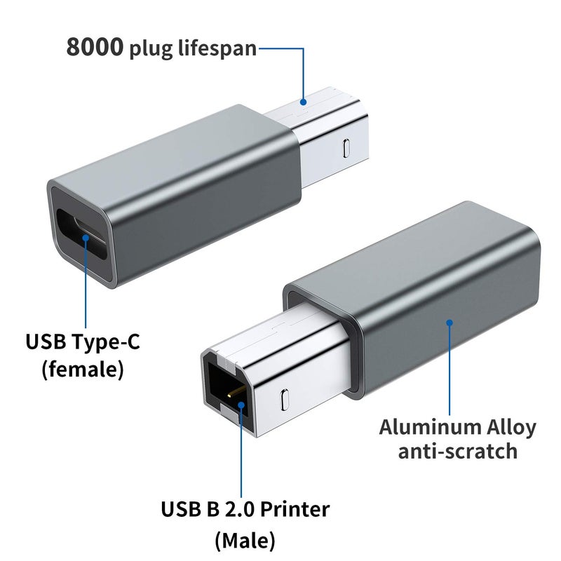 QianLink USB C Female to Printer Male Adapter (2-Pack), USB Type C to USB B Convert Connector Support Data Sync Compatible with Brother HP Canon Lexmark Epson Dell Xerox Samsung etc and Piano DAC (Grey) - Image 2