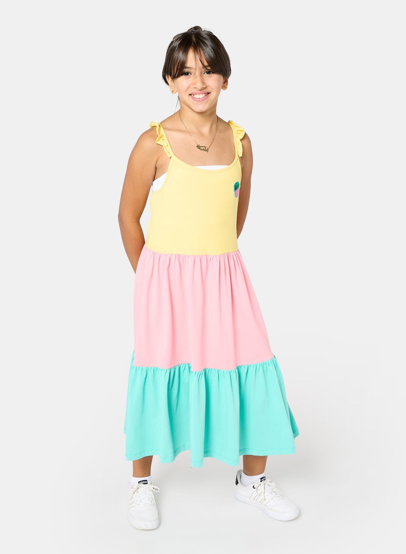 Panco Girls SURF UP Color Block Dress with Ruffle Detail on Shoulders - Image 1