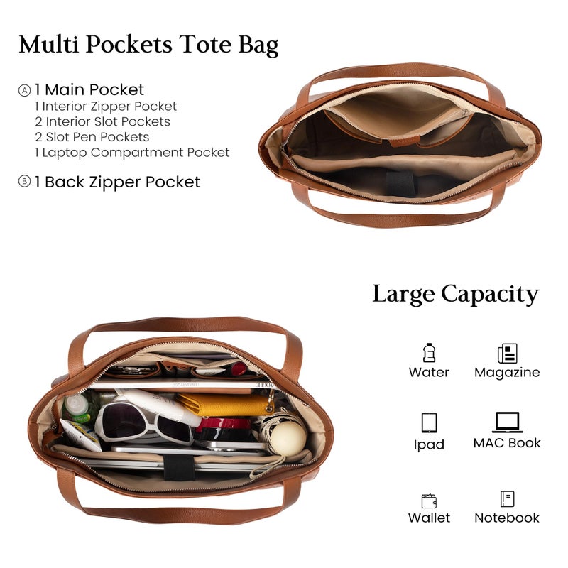 befen Real Leather Tote Shoulder Bags for Women Work, Women's Tote Bag Purses with Compartments for Daily and Travel Cognac Brown - Image 4