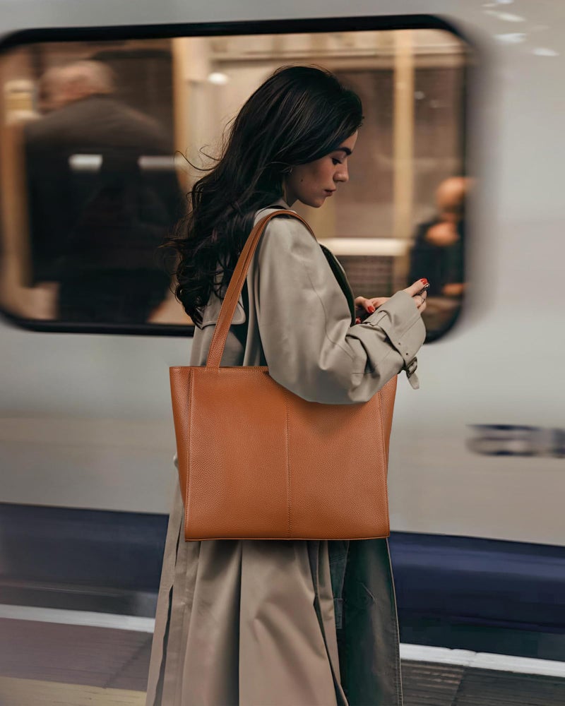 befen Real Leather Tote Shoulder Bags for Women Work, Women's Tote Bag Purses with Compartments for Daily and Travel Cognac Brown - Image 2