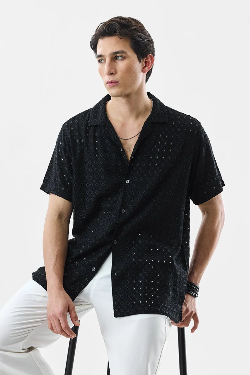 سنيتش Black Textured Half Sleeve Boxy Shirt