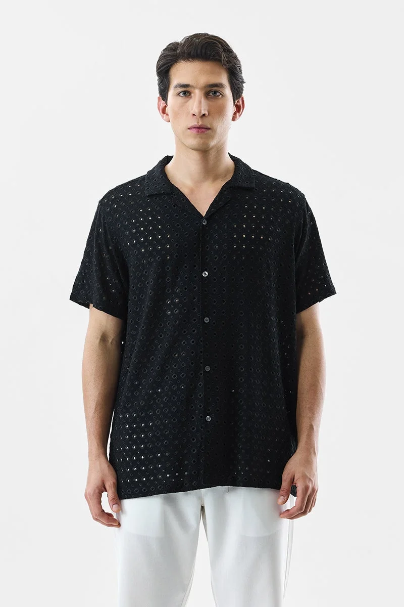 سنيتش Black Textured Half Sleeve Boxy Shirt