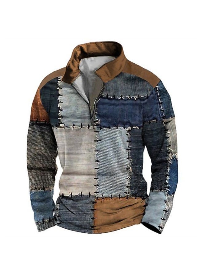 نيبمينينت نيبمينت سترة رجال فضفاضة بطبعة رقمية ثلاثية الأبعاد بأناقة بحرية نصف سحاب وأكمام طويلة وبفتح ياقة عالٍ - Image 1