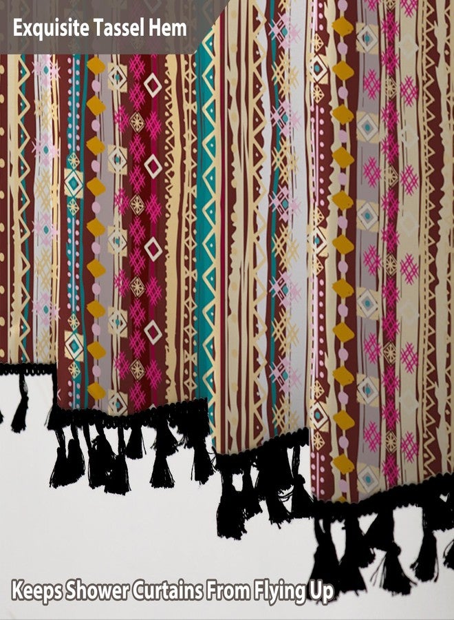 اوفوتو ستائر حمام من قماش بوهيمي عرقي من AOFOTO مع شرابات، لون بني رمادي متعدد الألوان، تصميم هندسي بوهيمي، ستارة حمام بوهيمية غربية أزتيكية مخططة عمودياً، ديكور منزلي مقاوم للماء، 72 × 78 بوصة - Image 4
