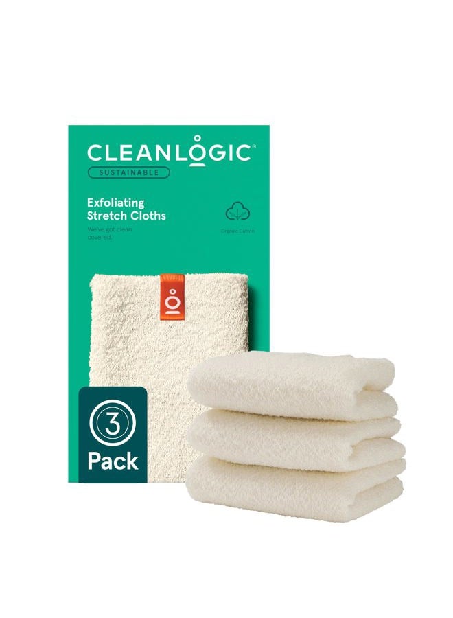 cleanlogic Body Exfoliating Cloth, Stretchy Organic Sustainable Cotton Exfoliator Bath and Shower Washcloths, Reusable Daily Skincare Tool, 3 Count - Image 1