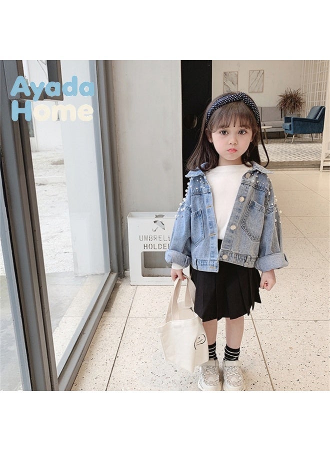Ayada Home معطف جينز مزين باللؤلؤ اللطيف للفتيات الصغيرات, سترة بأكمام طويلة باللون الأزرق الفاتح - Image 1