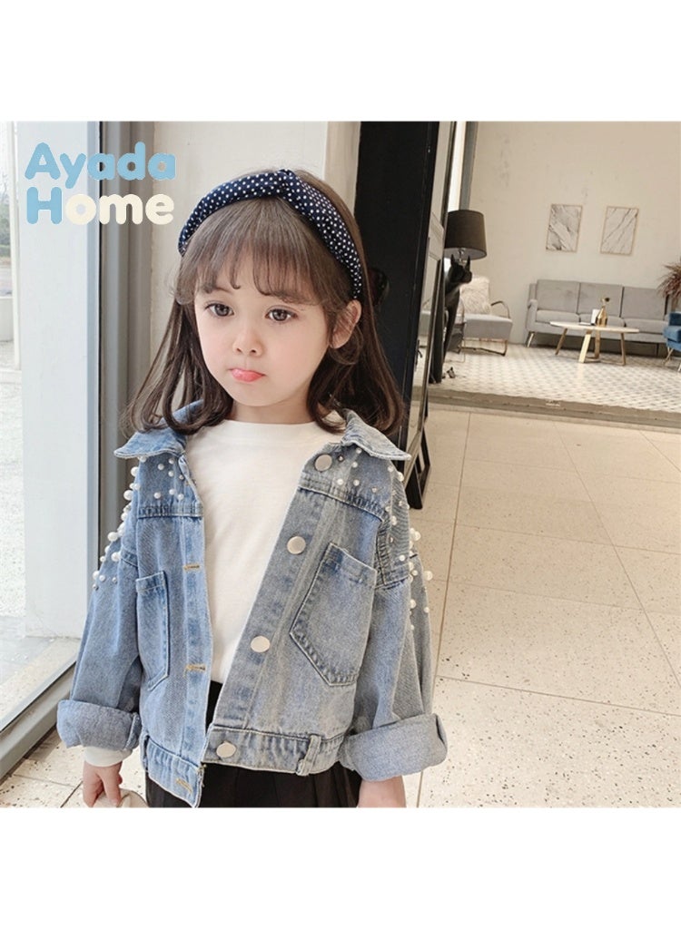 Ayada Home معطف جينز مزين باللؤلؤ اللطيف للفتيات الصغيرات, سترة بأكمام طويلة باللون الأزرق الفاتح - Image 3