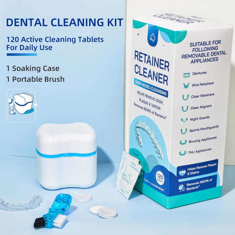 YKL Retainer & Denture Cleaner KIt - Mouth Night Guard Whitening Case - 120 Cleanser Tablets, Guard Bath Cup - Image 4