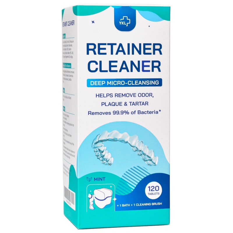 YKL Retainer & Denture Cleaner KIt - Mouth Night Guard Whitening Case - 120 Cleanser Tablets, Guard Bath Cup - Image 1