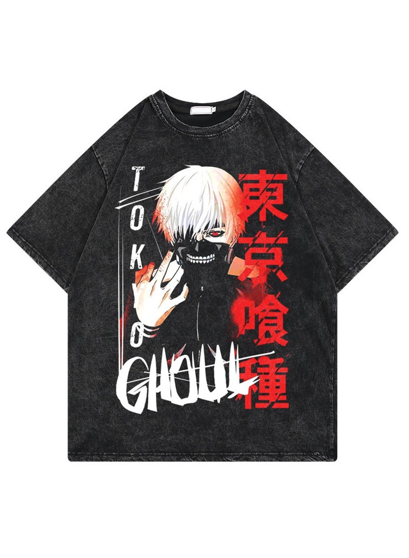 Washed retro T-shirt street hip hop anime Tokyo ghoul casual cotton summer short sleeves - Image 1