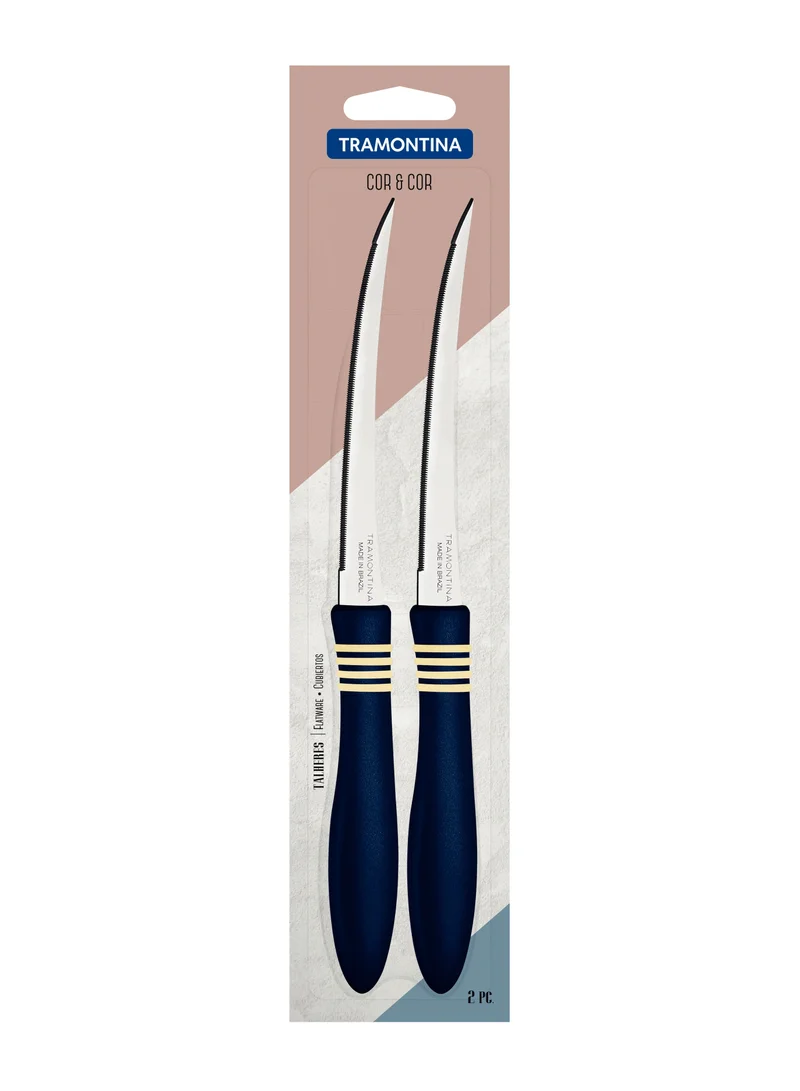 ترامونتينا Tramontina Cor&Cor 2 Pieces Tomato Knife Set with Stainless Steel Blade and Dark Blue Polypropylene Handle
