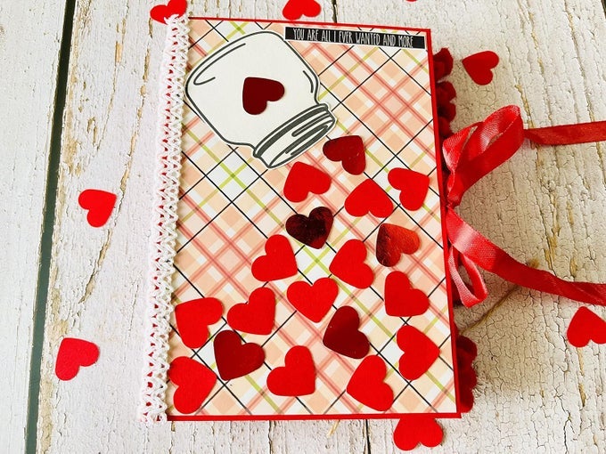 FALLING HEARTS IN A JAR SCRAPBOOK PHOTO ALBUM FOR ANNIVERSARY BIRTHDAY ROMANTIC MEMORIES A5 SIZE HOLDS 36 PHOTOS SATIN CLOSURE WITHOUT PHOTOS