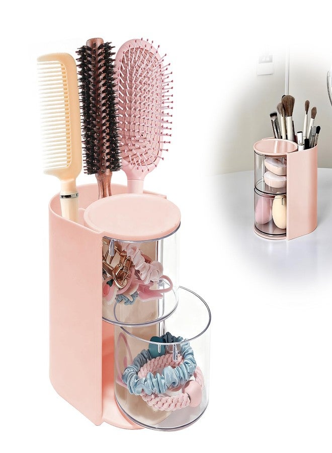 Wiojtry Hair Brush Holder & Hair Accessory Organizer, 2-Layer Clear Hair Accessories Organizer Rotatable Small Jewelry Box for Clip Earring Necklaces, The Latest Gift for A Girl. (pink, Trumpet) - Image 1