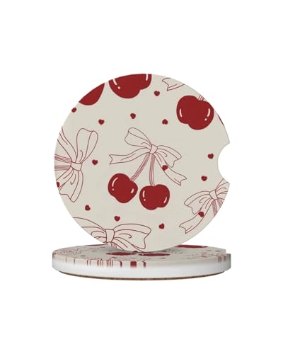 KWSAAHU Car Cup Holder Coasters, 2 Pcs Ceramic Coasters with Cork Back and Finger Slot, Anti-Slip Shock Absorbing Women and Men Universal Car Accessories - Vintage Cherry - Image 1