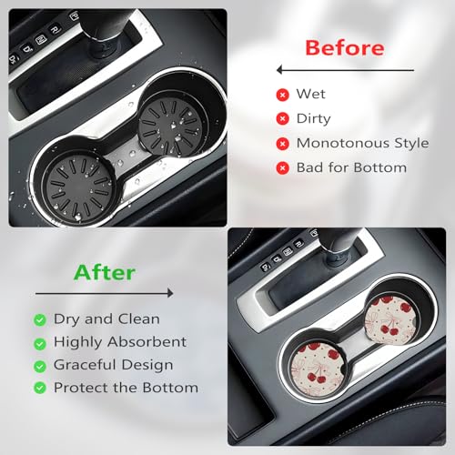 KWSAAHU Car Cup Holder Coasters, 2 Pcs Ceramic Coasters with Cork Back and Finger Slot, Anti-Slip Shock Absorbing Women and Men Universal Car Accessories - Vintage Cherry - Image 4