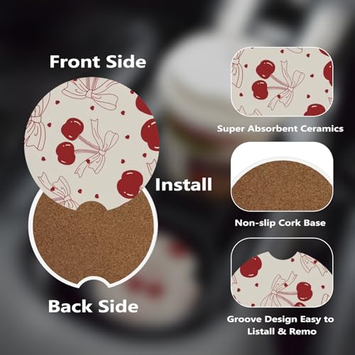 KWSAAHU Car Cup Holder Coasters, 2 Pcs Ceramic Coasters with Cork Back and Finger Slot, Anti-Slip Shock Absorbing Women and Men Universal Car Accessories - Vintage Cherry - Image 3