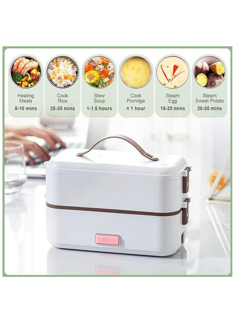 Generic 2-Layer Electric Lunch Bento Box, Portable Food Warmer Lunch Heater, 3 in 1 Stainless Steel Lunch Box Steamer 220V Dual Use 360° Full Heating Suitable for Home/Office/Picnic (White)  - Image 2