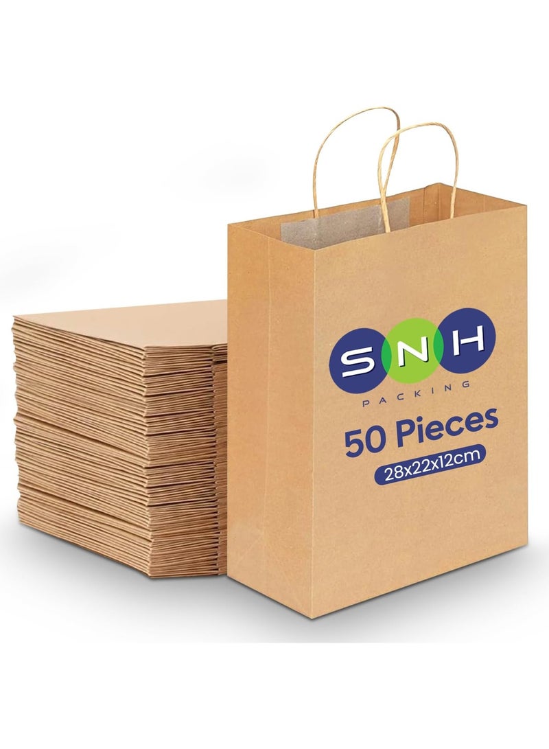 إس إن إتش باكينج كيس ورق كرافت 28x22x12 سم بني ملتوي بيد الدجاجة حقائب حفلات العروس حقيبة هدايا عيد ميلاد 50 قطعة - Image 1