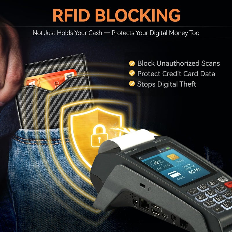 GSOIAX محفظة جSOIAX رفيعة للرجال مع حجب RFID جلدية قابلة للطي جيب أمامي حامل بطاقات ائتمان من ألياف الكربون محفظة جديدة مع صندوق هدايا (أسود كربوني وبرتقالي) - Image 3