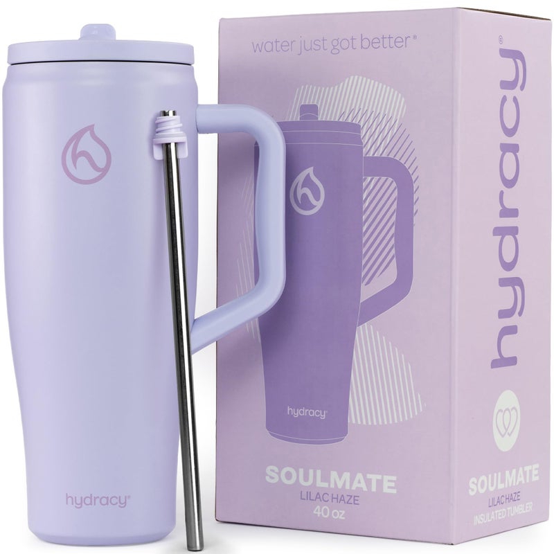 Hydracy Soulmate Insulated Tumblers with Handle and Stainless Steel Straw - 100% Leakproof Reusable Insulated Cup - Cupholder Friendly Rubber Base Travel Mug - Lilac Haze - Image 1