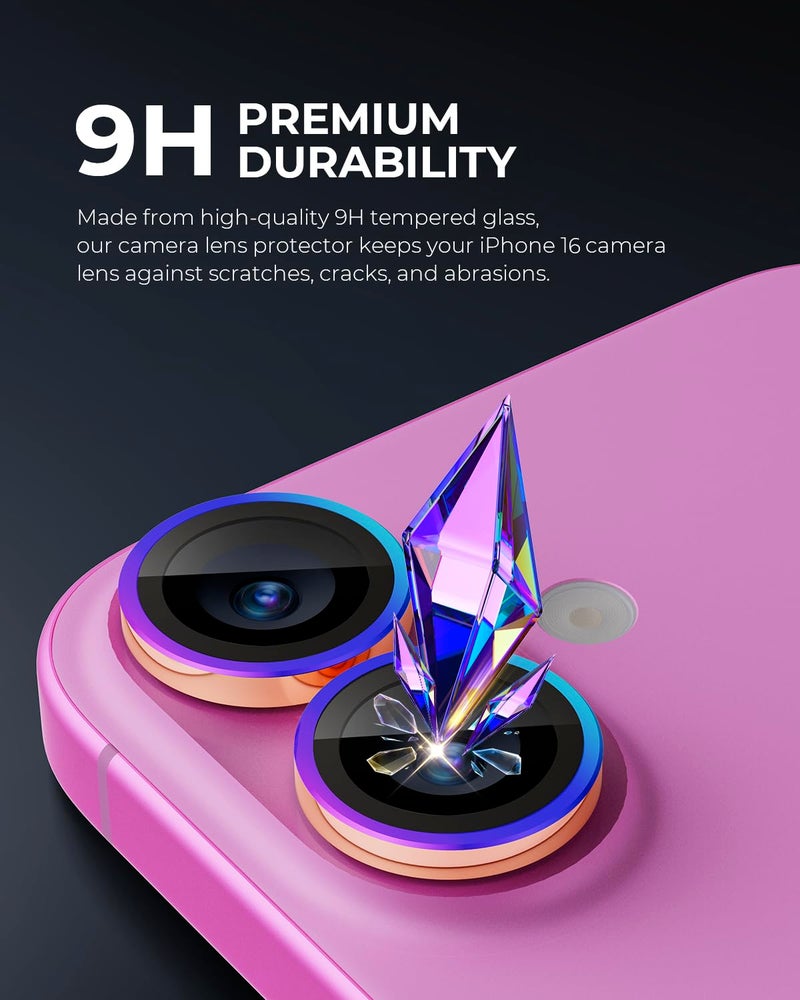 Upcommon UARMOR Camera Lens Protector Compatible with [ iPhone 17, 16 & 16 Plus ] 9H Tempered Glass & Aluminum Cover, HD Clear, Easy Installation Kit - Rainbow - Image 2
