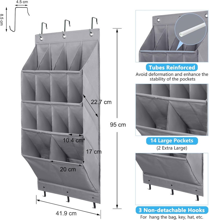 FENTEC Over Door Shoe Organizer, Over Door Storage 14 Pockets, Hanging Shoe Storage Door Shoe Rack Sturdy 600D Oxford Fabric with 3 Hooks for Space Saving, Heavy Duty, Grey - Image 2