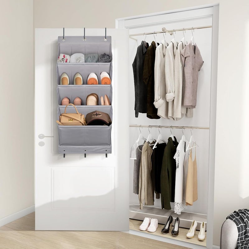 FENTEC Over Door Shoe Organizer, Over Door Storage 14 Pockets, Hanging Shoe Storage Door Shoe Rack Sturdy 600D Oxford Fabric with 3 Hooks for Space Saving, Heavy Duty, Grey - Image 1
