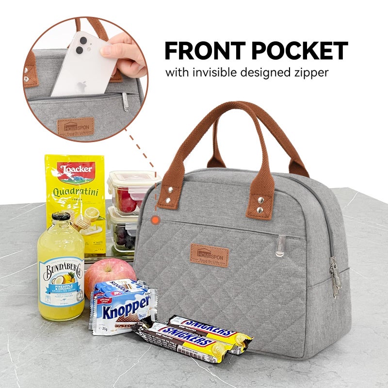 HOMESPON Insulated Lunch Bag for Women Men Adults Lunch Tote with Front Pocket Lunch Box Container Cooler Bag for Work Picnic (Grey) - Image 2