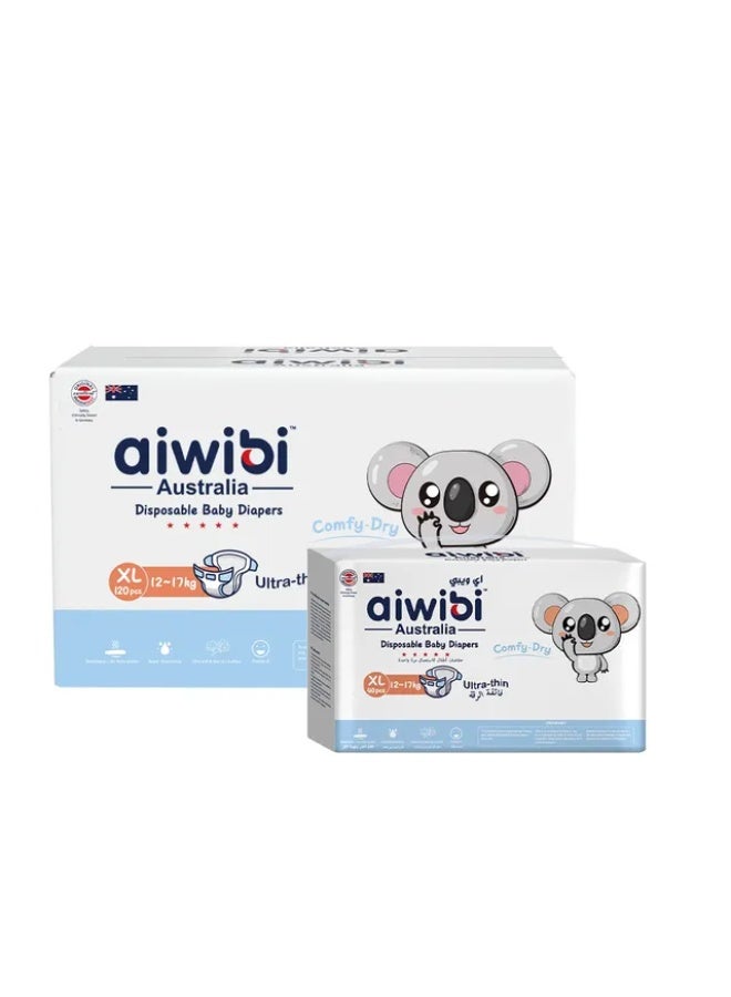 Aiwibi - Comfy Dry Baby Diapers - 12-17kg - Pack of 3 - 120pcs - XL