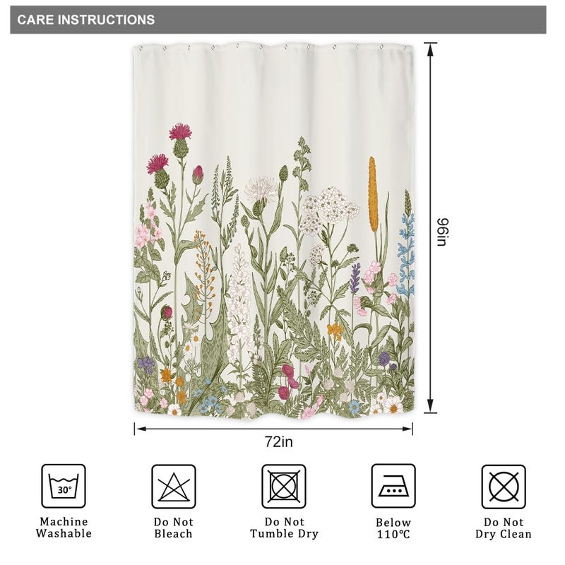 Riyidecor Extra Long Shower Curtain for Bathroom Decor 72Wx96H Wildflower Botanical Floral Rustic Plant Herbs Farmhouse Sage Green Leaves Art Printed Fabric Polyester Waterproof 12 Pack Plastic Hooks - Image 5
