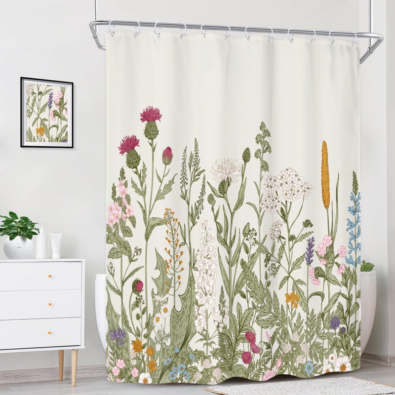 Riyidecor Extra Long Shower Curtain for Bathroom Decor 72Wx96H Wildflower Botanical Floral Rustic Plant Herbs Farmhouse Sage Green Leaves Art Printed Fabric Polyester Waterproof 12 Pack Plastic Hooks - Image 3