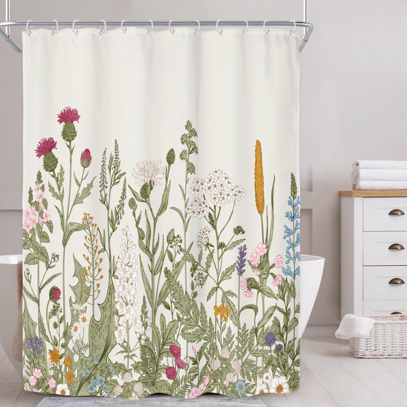 Riyidecor Extra Long Shower Curtain for Bathroom Decor 72Wx96H Wildflower Botanical Floral Rustic Plant Herbs Farmhouse Sage Green Leaves Art Printed Fabric Polyester Waterproof 12 Pack Plastic Hooks - Image 2