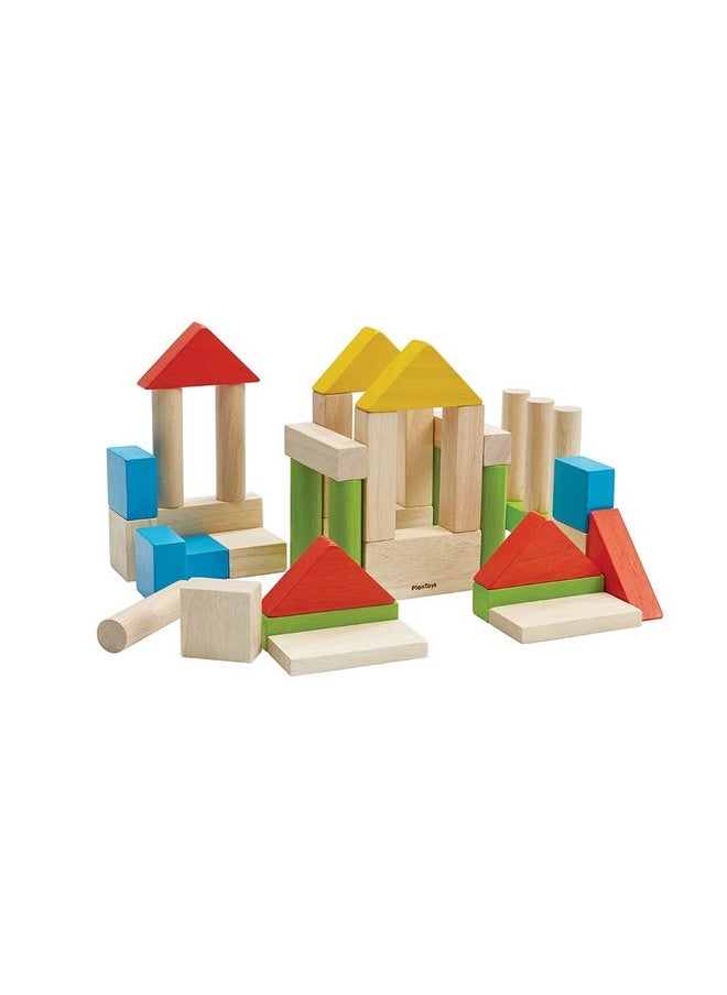 PlanToys PlanToys Wooden Building Blocks - 40 Unit Blocks Natural and with Color (5513) | Sustainably Made from Rubberwood and Non-Toxic Paints and Dyes  - Image 2