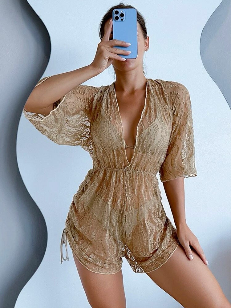 Long-Sleeved Mesh Tunic Waist Swimsuit High Waist Printed Drawstring Three-Piece Bikini - Image 1