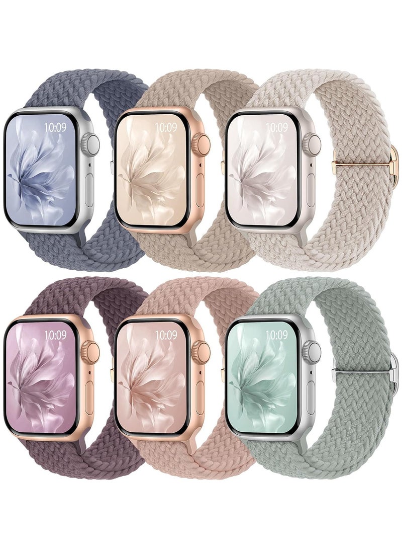 6 Pack Braided Stretchy Bands Compatible with Apple Watch Band 38mm 40mm 41mm 42mm Women Men, Adjustable Nylon Solo Loop Elastic Straps for iWatch Series 10 9 8 7 6 5 4 3 SE Ultra - Image 1