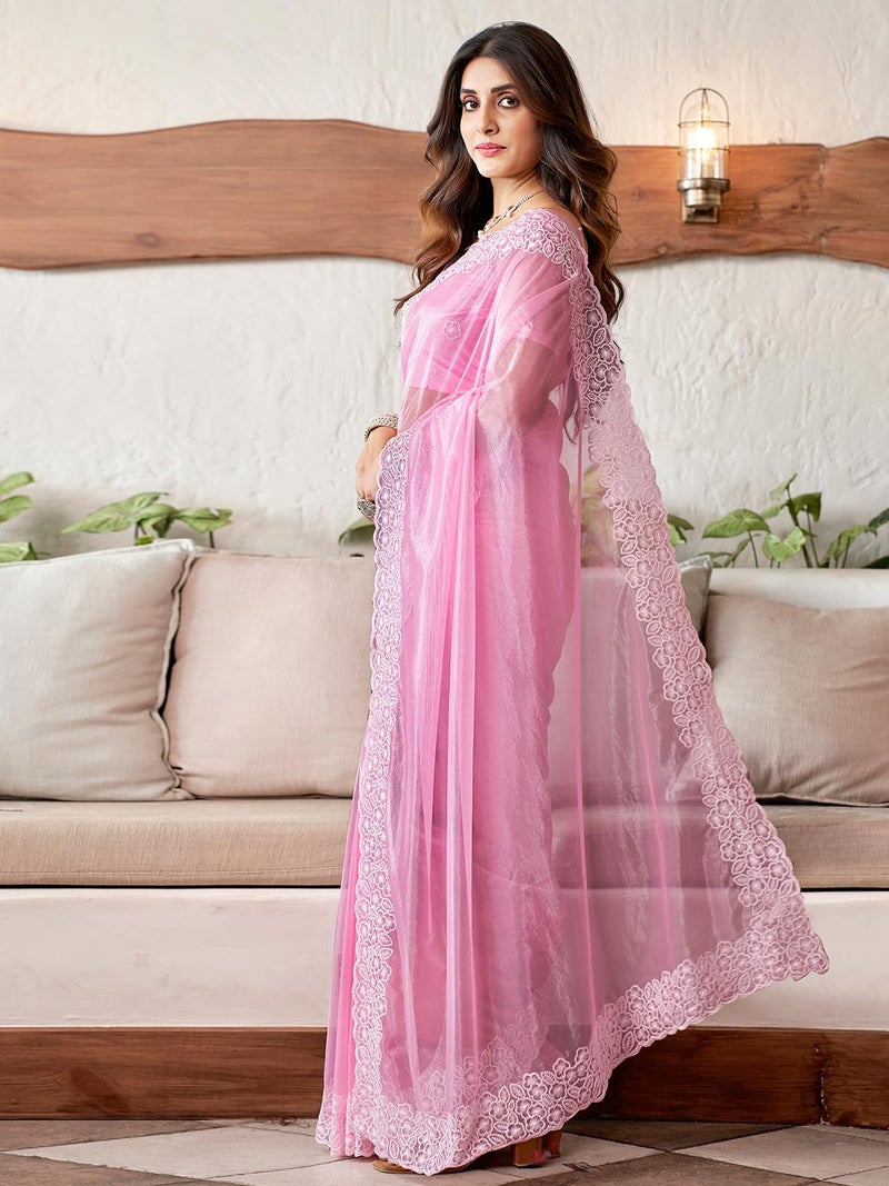 Satrani Women's Embroidery Border Organza Saree with Unstitched Blouse Piece (3734S351N_Pink) - Image 2