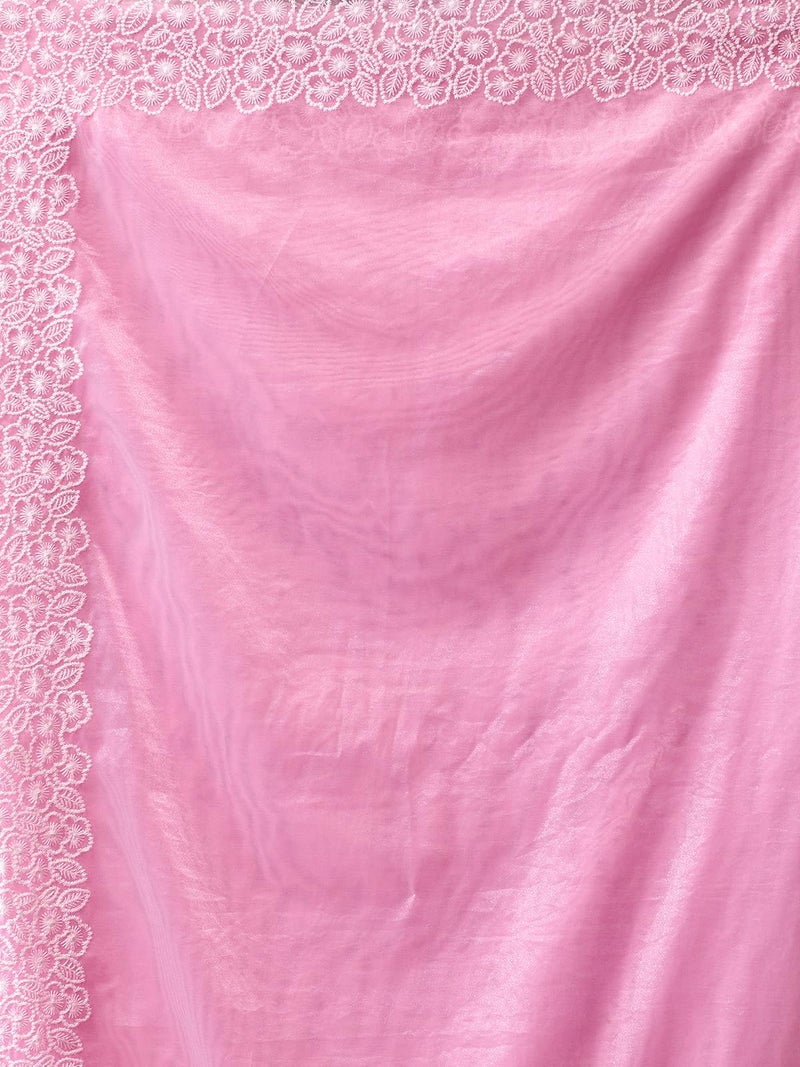 Satrani Women's Embroidery Border Organza Saree with Unstitched Blouse Piece (3734S351N_Pink) - Image 5