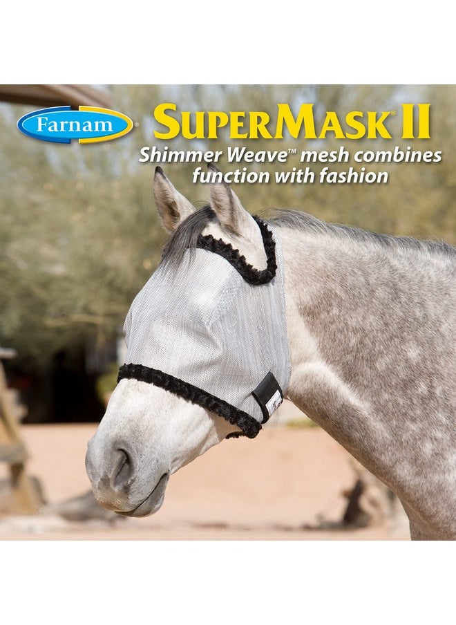 Farnam - Farnam SuperMask II Shimmer Weave Mesh Horse Fly Mask Without Ears, Eye Protection from Insect Pests, Soft Silver Mesh with Black Plush Trim, Horse Size - Image 1