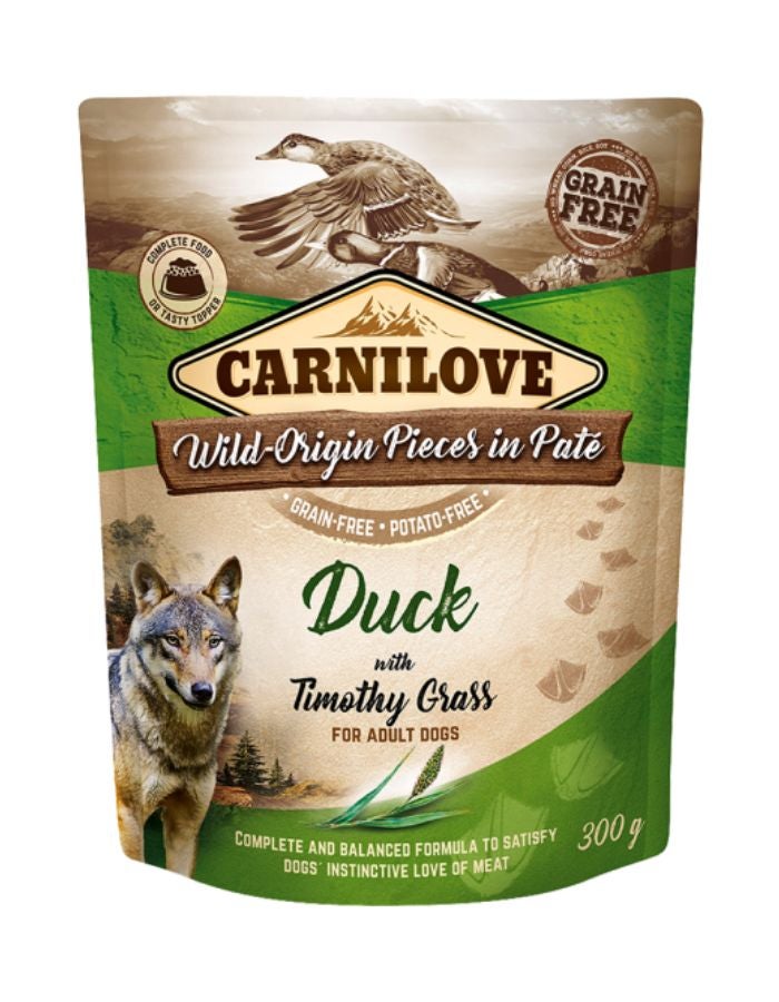 Carnilove Duck with Timothy Grass for Adult Dogs Wet Food Pouches 12x300g | Grain-Free Complete Dog Food