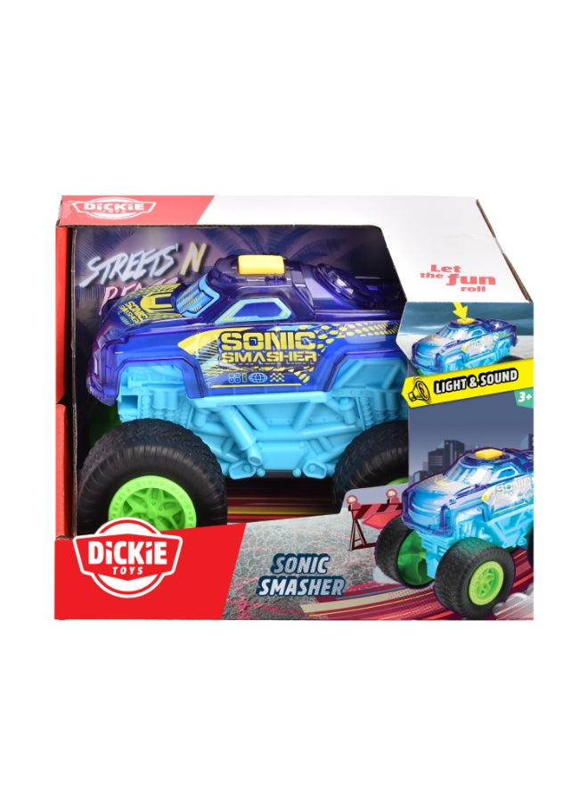 Dickie Item 203762006-Dickie Toys - Sonic Smasher Monster Truck with Light Change & Music (17 cm) - Wind-up Car from 3 Years with Retraction and Rubber Tyres, Toy Car for Children, Includes Batteries. Years 3+ - Image 1