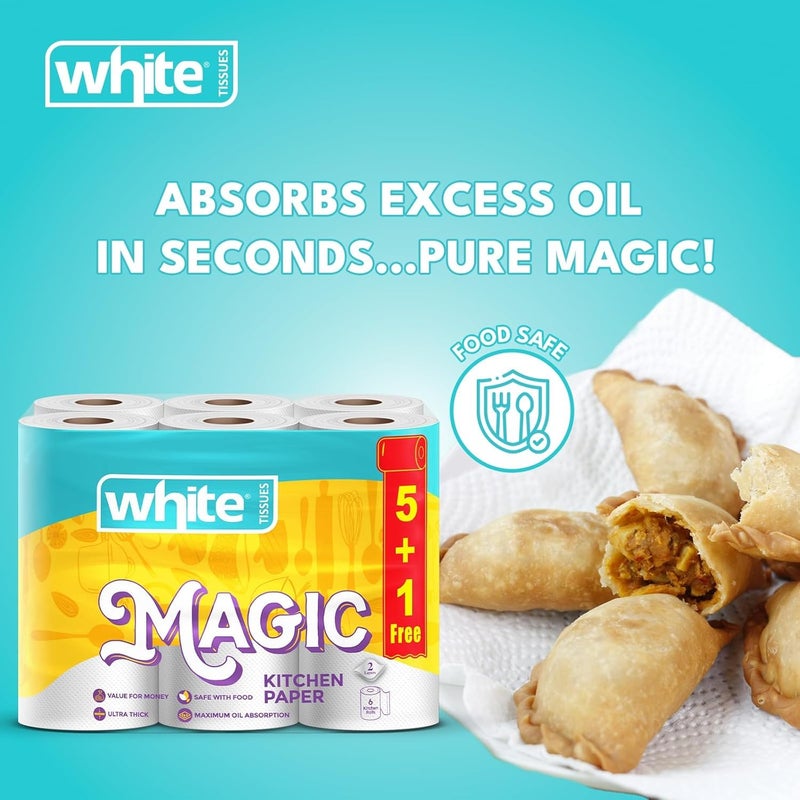 White Magic Kitchen Rolls, 3 Ply, Strong and Absorbent, 6 Rolls, White, for Any Mess - Image 2