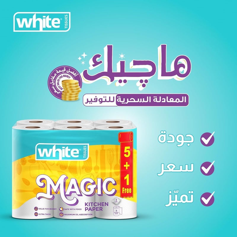 White Magic Kitchen Rolls, 3 Ply, Strong and Absorbent, 6 Rolls, White, for Any Mess - Image 4