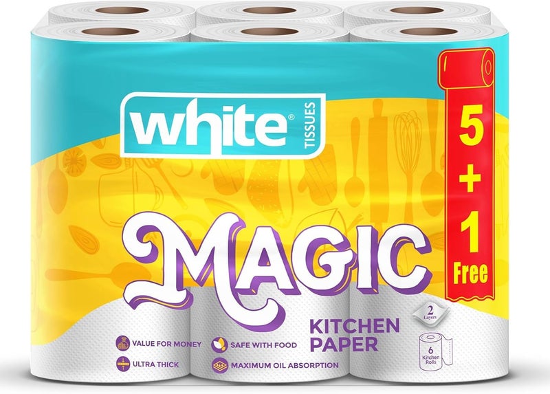 White Magic Kitchen Rolls, 3 Ply, Strong and Absorbent, 6 Rolls, White, for Any Mess - Image 1