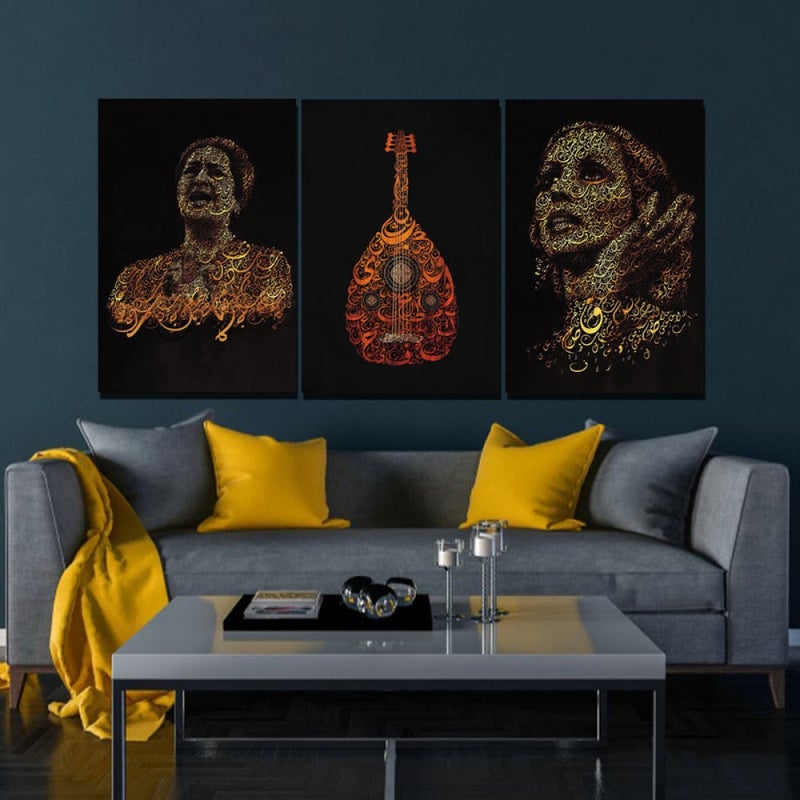 ماركتنا ثلاث لوحات قماشية مودرن بتصميم فيروز و ام كلثوم مع برواز مجوف مقاس (150×70) ثلاث قطع - Image 1