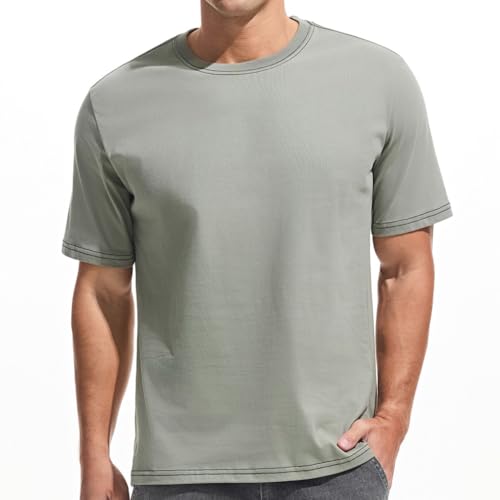 VEIISAR Men's Heavy Weight Crew Neck T-Shirt - Mens Premium 100 Cotton Thick Tees Pre Shrunk Light Grey M - Image 1