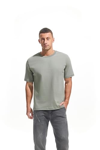VEIISAR Men's Heavy Weight Crew Neck T-Shirt - Mens Premium 100 Cotton Thick Tees Pre Shrunk Light Grey M - Image 3
